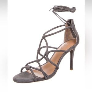 NWT. Halston Heritage Brielle Grey Kid Suede Caged Ankle Tie Stilleto Sandal.
